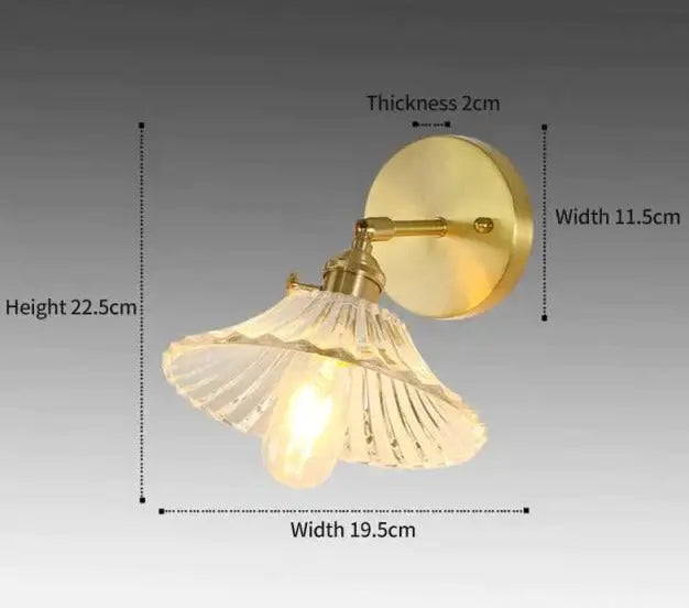 Retro copper flower brass wall sconce bedroom fluted glass light