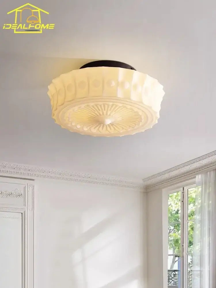 Retro cream glass led ceiling light bedroom radial pattern