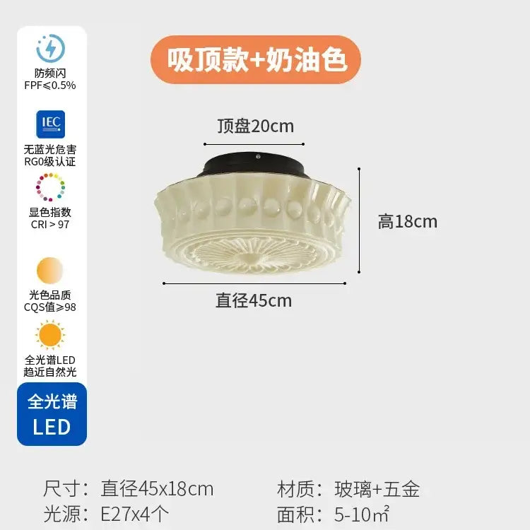 Retro cream glass led ceiling light bedroom radial pattern
