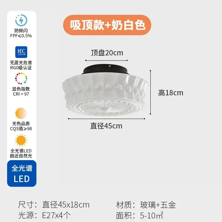 Retro cream glass led ceiling light bedroom radial pattern