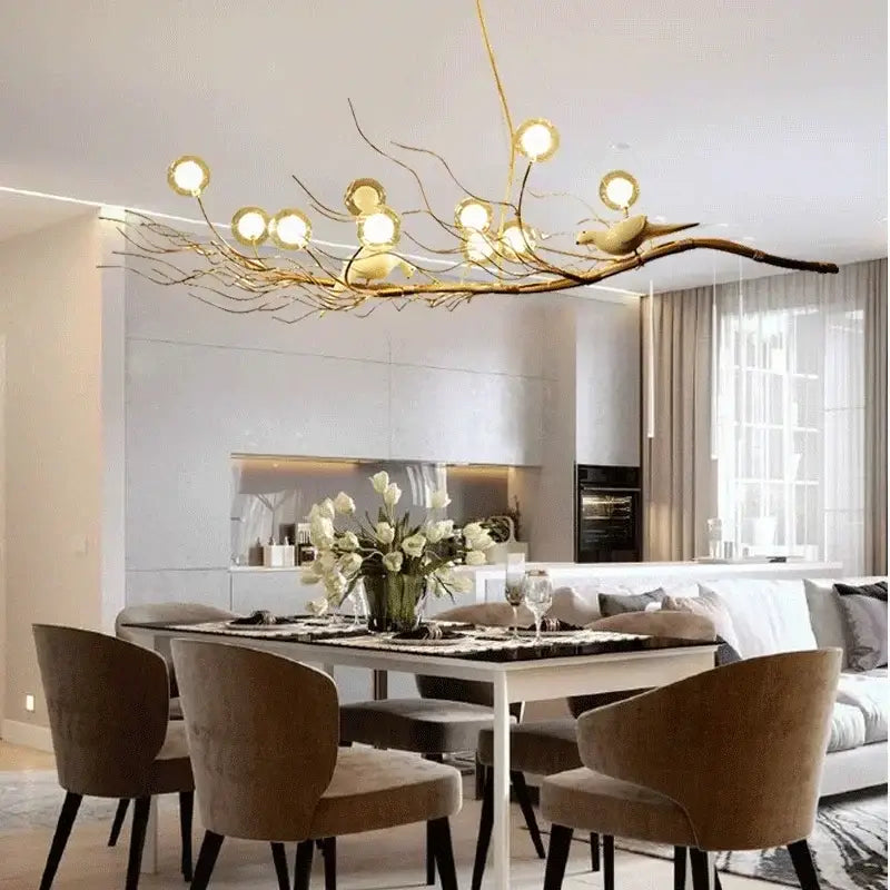 Retro gold bird nest led chandelier dining room glass globe light