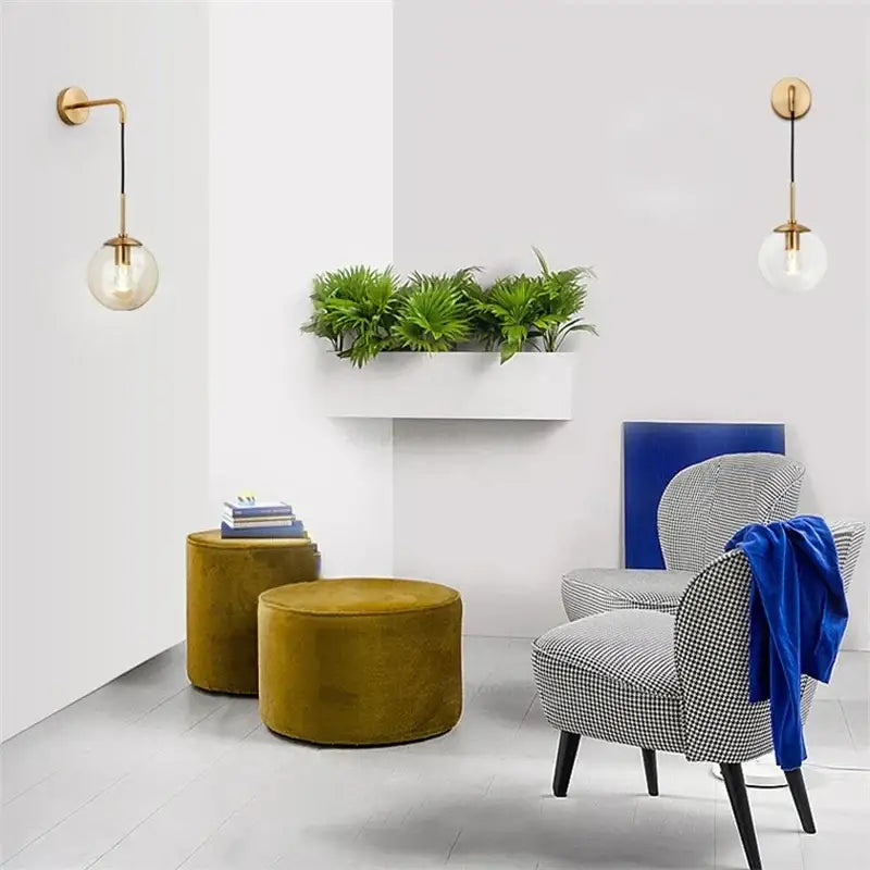 Retro gold glass ball wall lamp bedroom smoked sconce