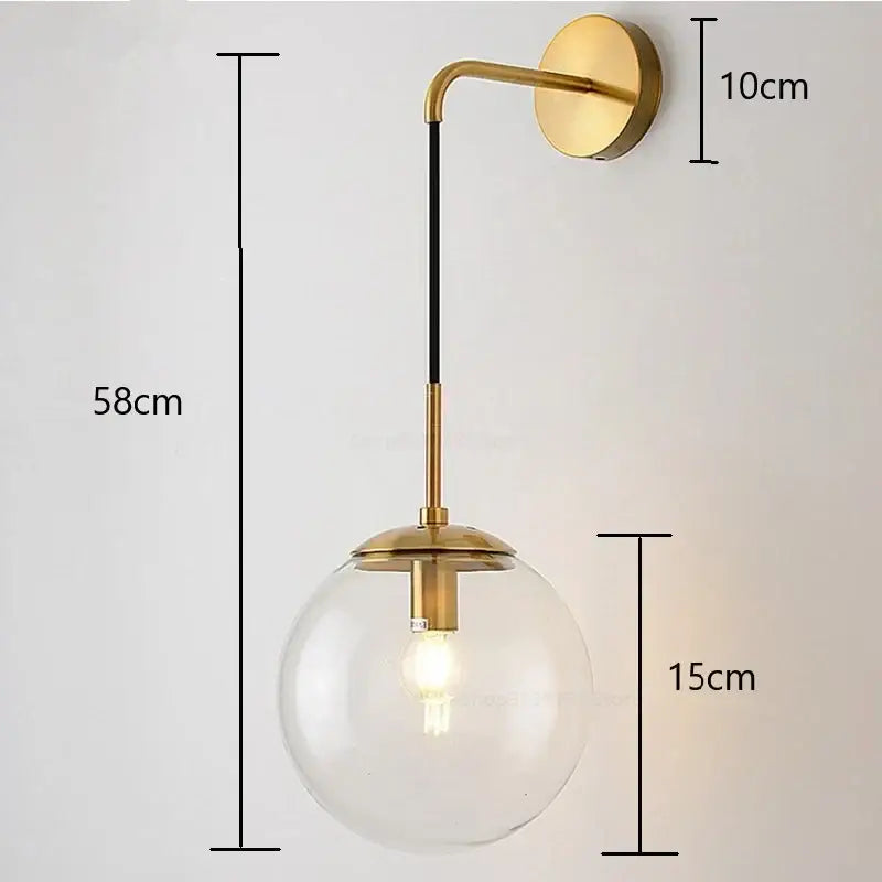 Retro gold glass ball wall lamp bedroom smoked sconce