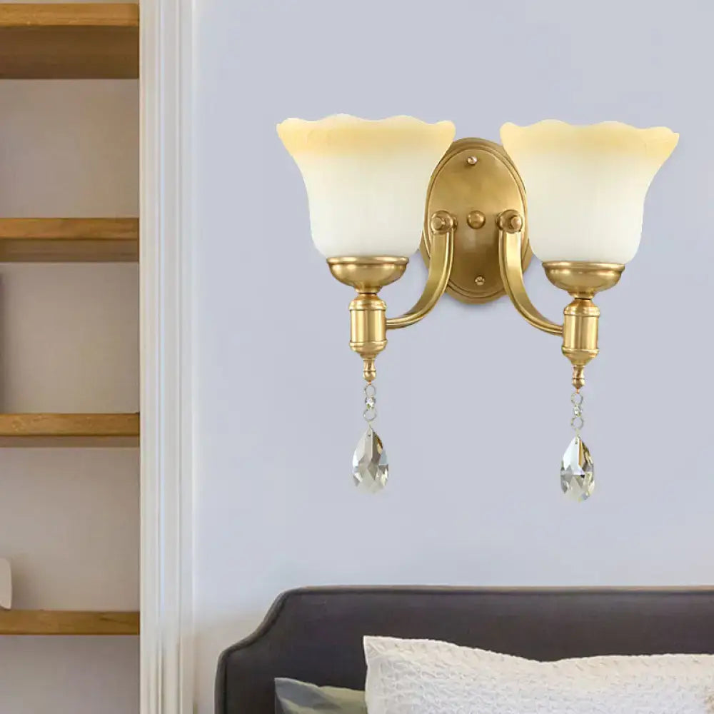 Retro gold opaque glass wall lamp bedroom crystal sconce