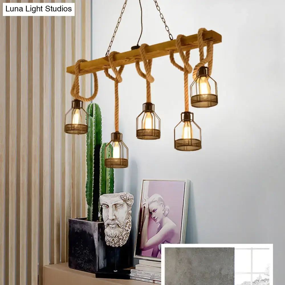 Retro industrial brown 5-head hanging light with adjustable rope dining room chandelier