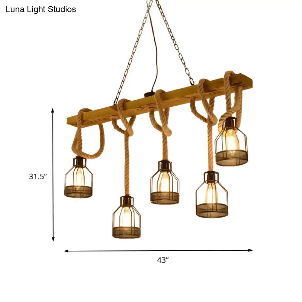 Retro industrial brown 5-head hanging light with adjustable rope dining room chandelier