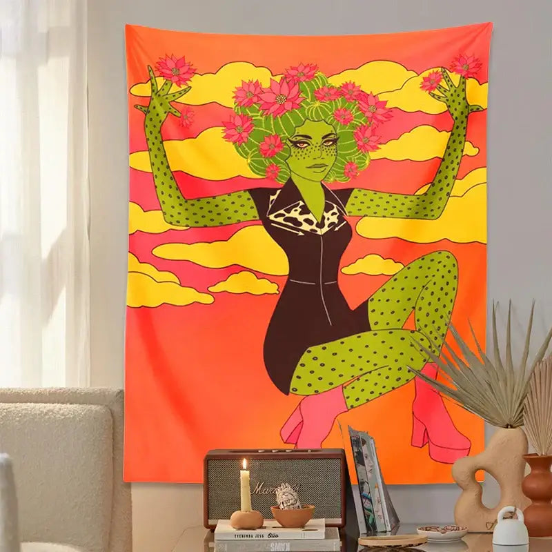 Retro orange and green cactus girl tapestry bedroom wall decor