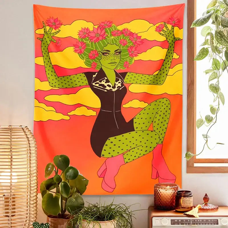 Retro orange and green cactus girl tapestry bedroom wall decor