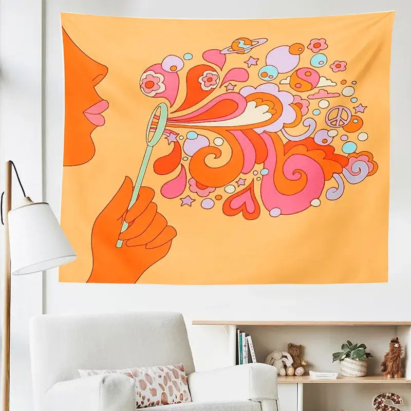 Retro orange colorful bubbles tapestry bedroom psychedelic wall art