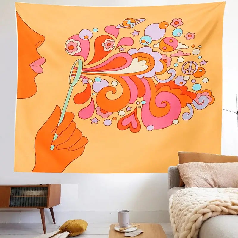 Retro orange colorful bubbles tapestry bedroom psychedelic wall art