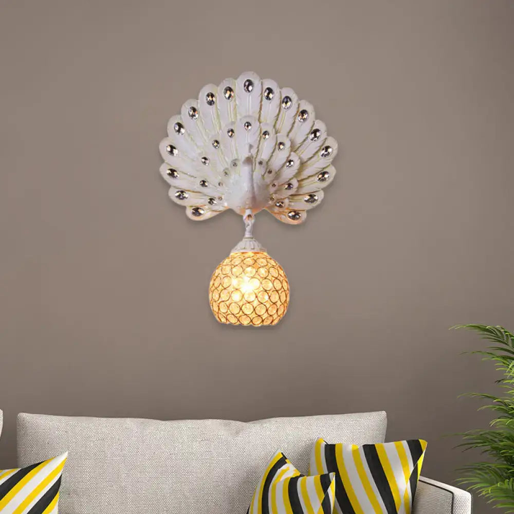 Retro peacock silver & white wall lamp living room clear crystal