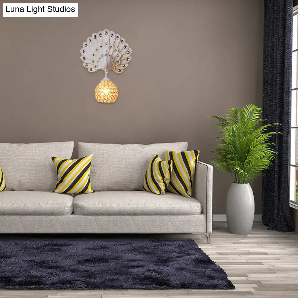 Retro peacock silver & white wall lamp living room clear crystal