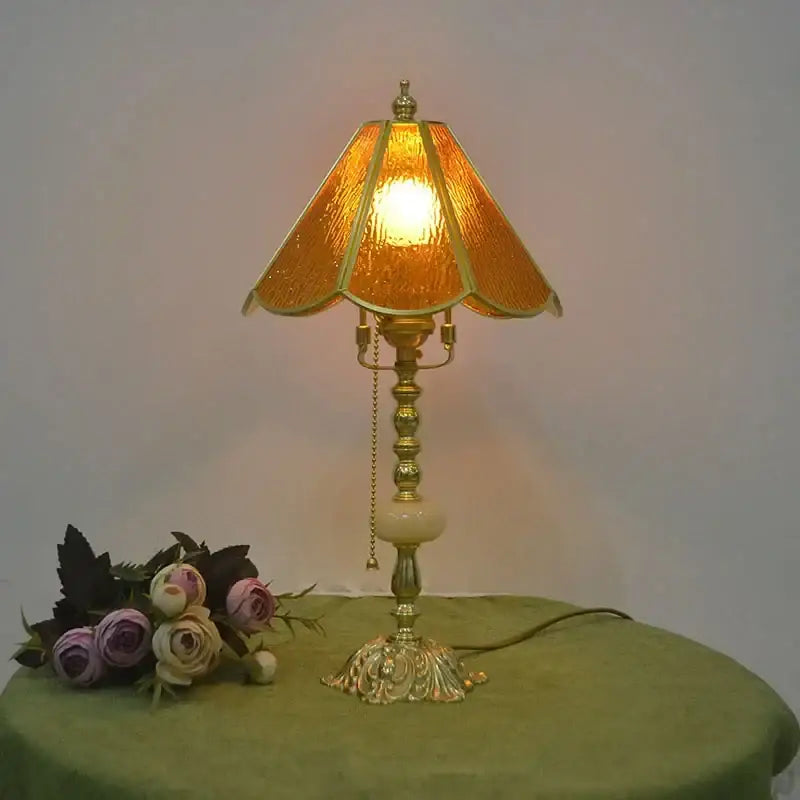 Retro pink stained glass brass desk lamp bedroom vintage light