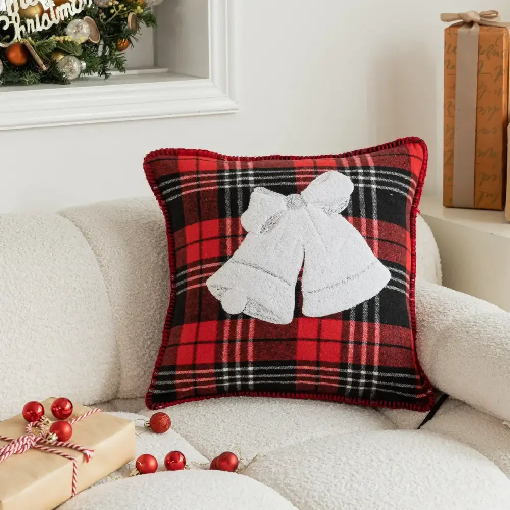 Retro red & green plaid snowflake jingle bell pillow case living room