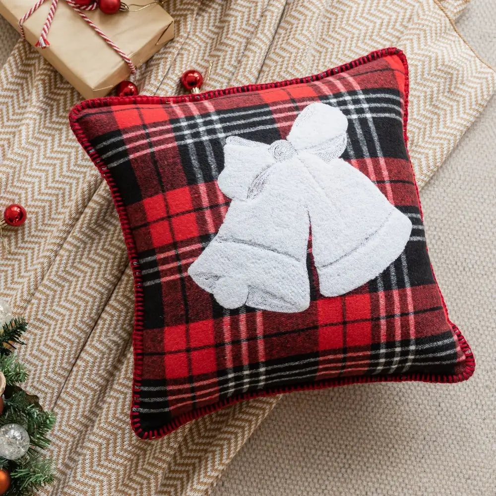 Retro red & green plaid snowflake jingle bell pillow case living room