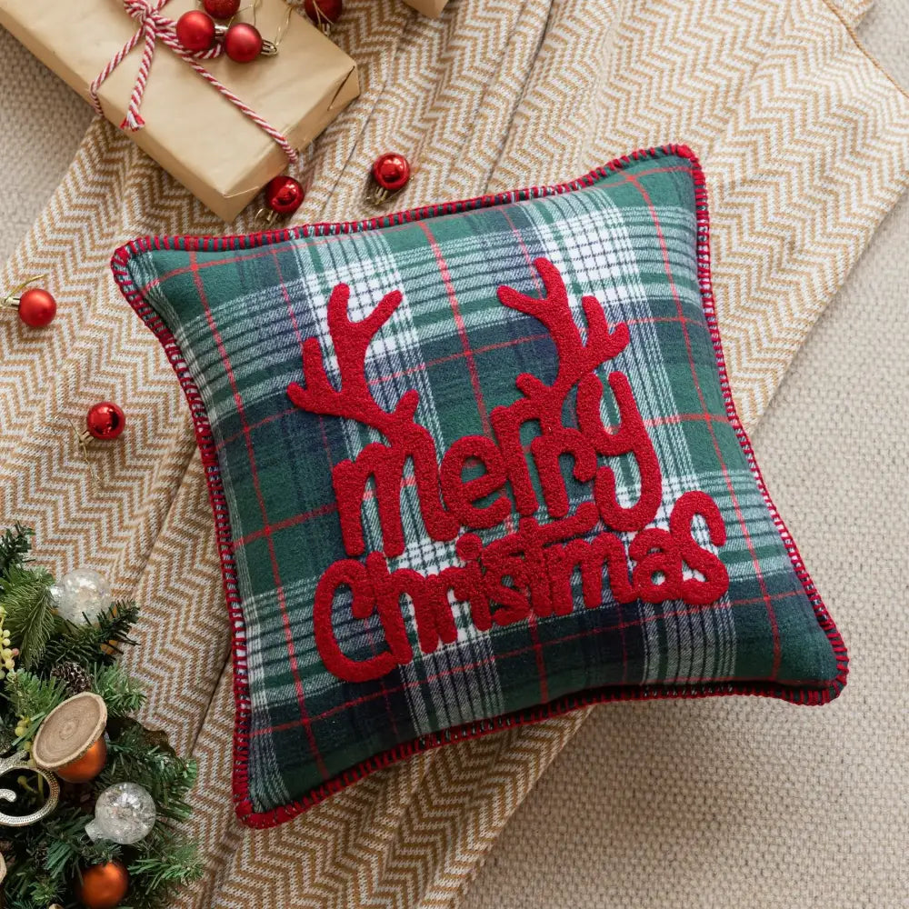 Retro red & green plaid snowflake jingle bell pillow case living room