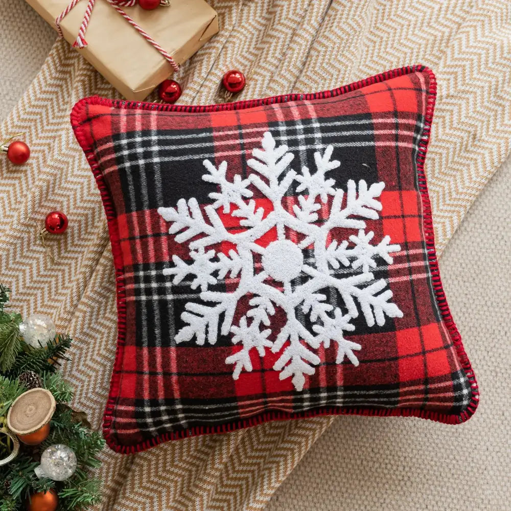 Retro red & green plaid snowflake jingle bell pillow case living room