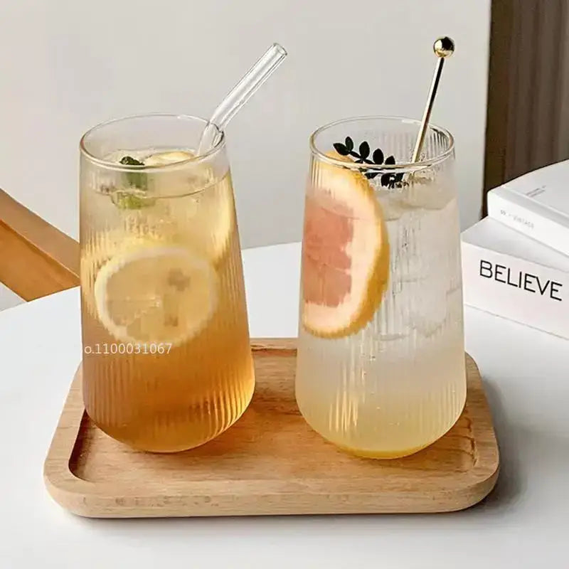 Retro ribbed glass coffee cup set with stirrers – kitchen drinkware