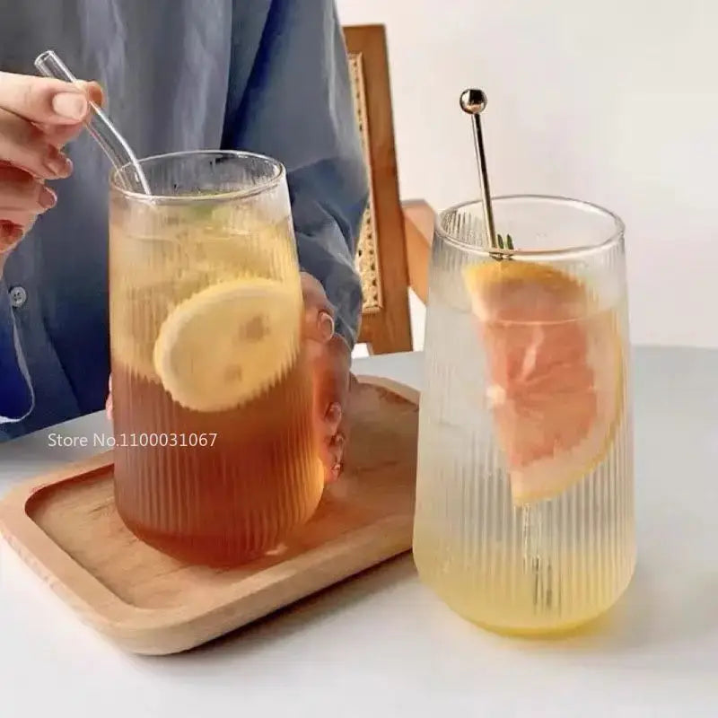 Retro ribbed glass coffee cup set with stirrers – kitchen drinkware
