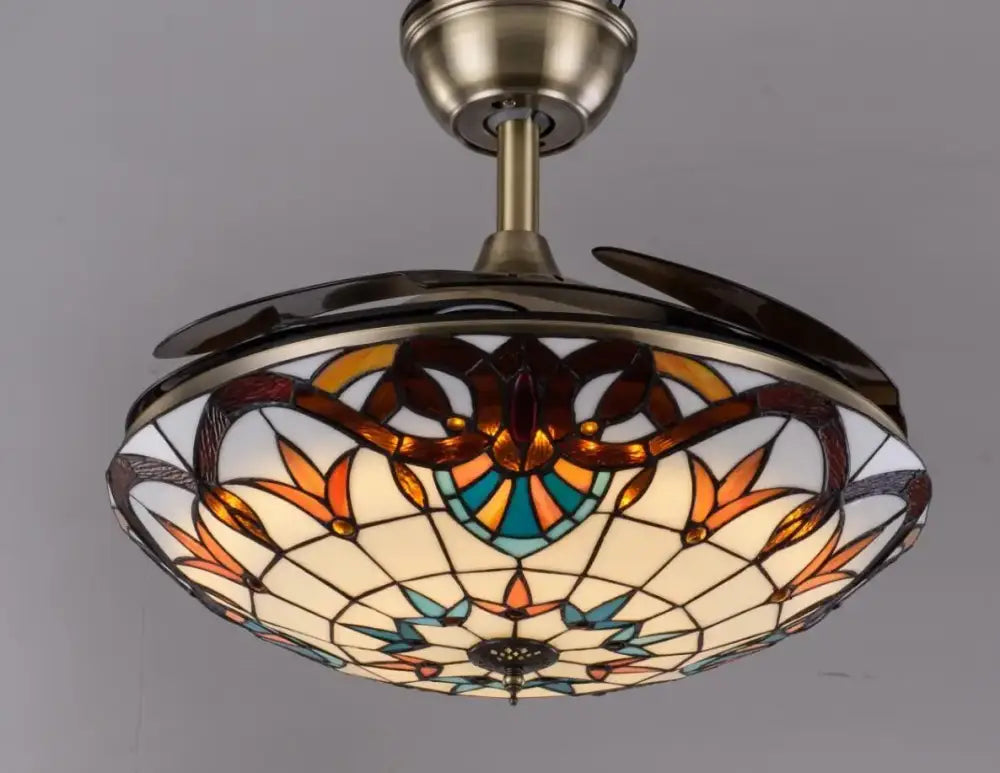Retro stained glass white ceiling fan remote control dining room
