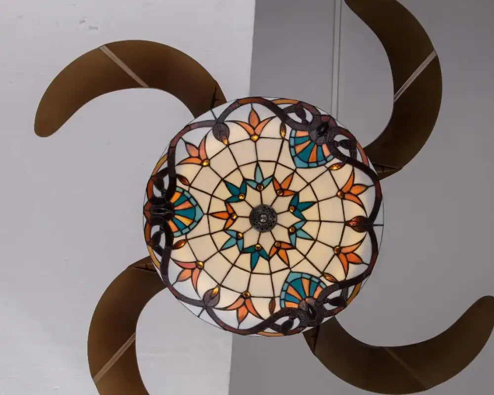 Retro stained glass white ceiling fan remote control dining room