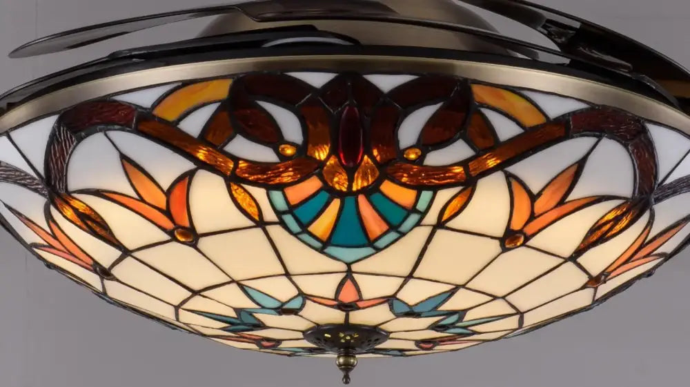 Retro stained glass white ceiling fan remote control dining room