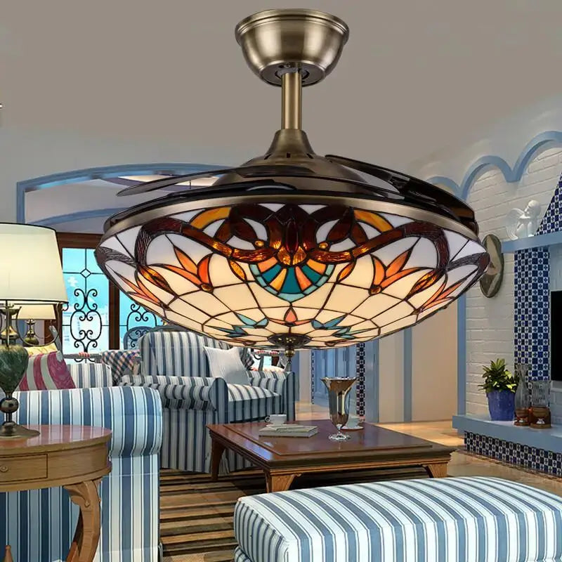 Retro stained glass white ceiling fan remote control dining room