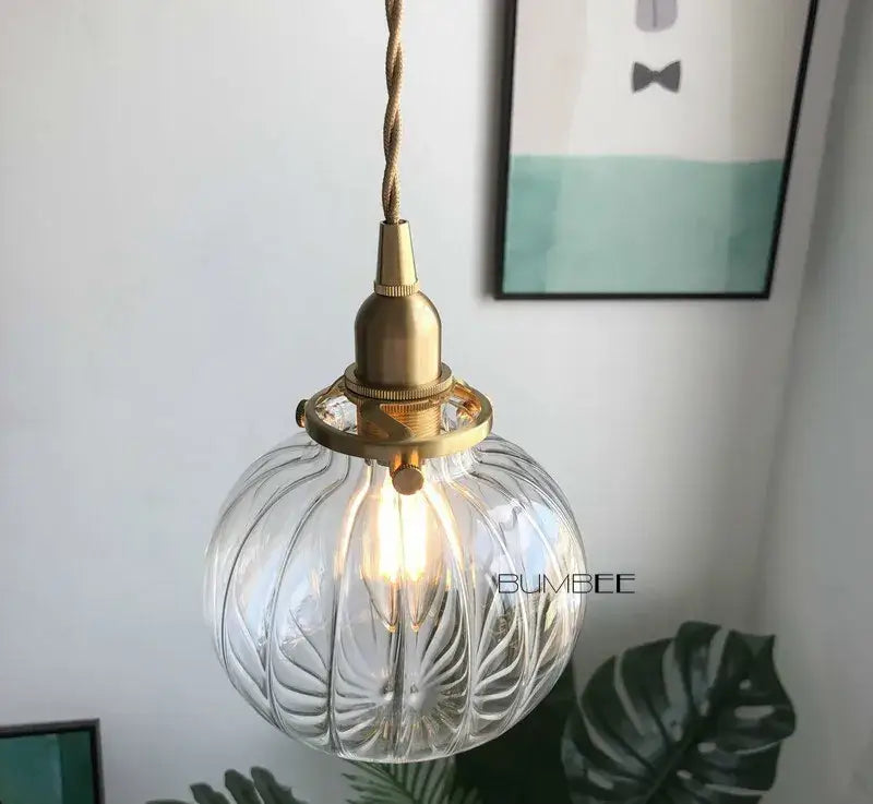 Retro teal and brass glass pendant chandelier bedroom hanging light