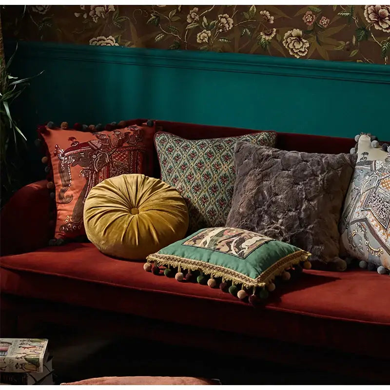 Retro teal velvet garden scene cushion covers living room tassels