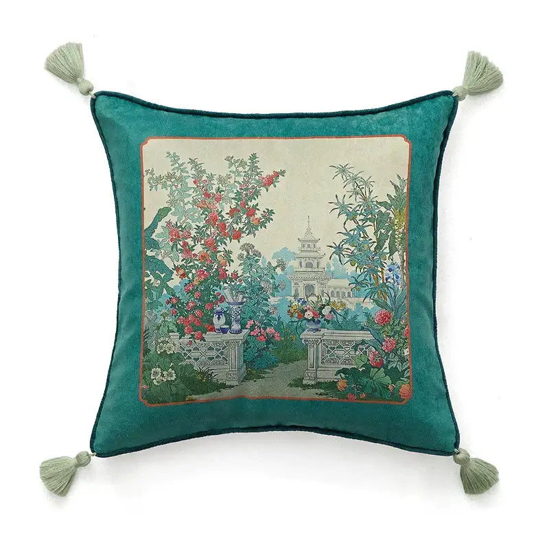 Retro teal velvet garden scene cushion covers living room tassels