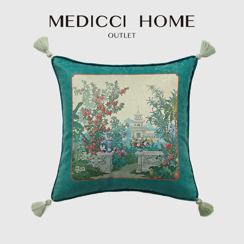 Retro teal velvet garden scene cushion covers living room tassels