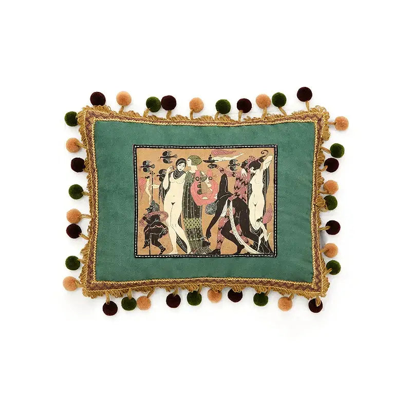 Retro teal velvet garden scene cushion covers living room tassels