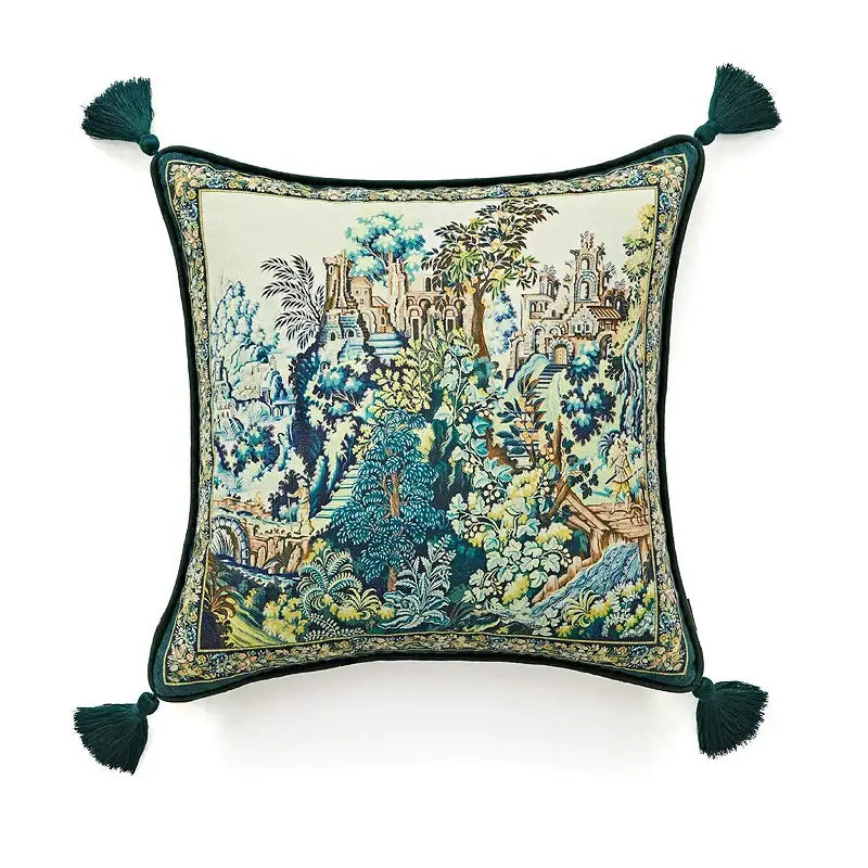 Retro teal velvet garden scene cushion covers living room tassels