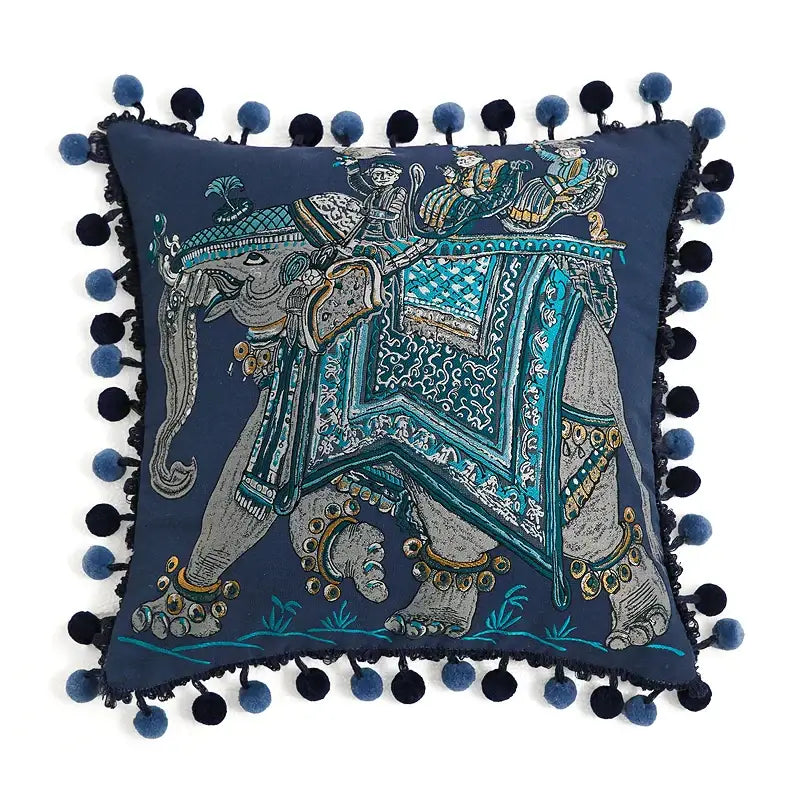 Retro teal velvet garden scene cushion covers living room tassels