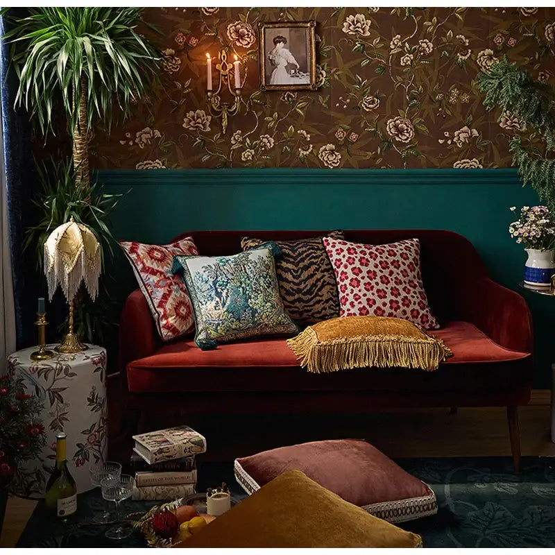 Retro teal velvet garden scene cushion covers living room tassels
