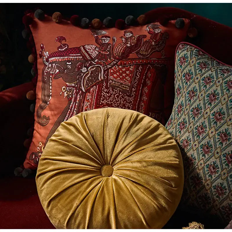 Retro teal velvet garden scene cushion covers living room tassels