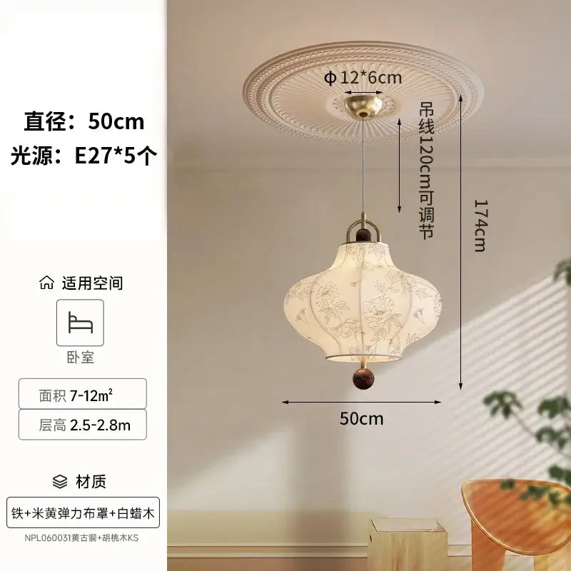 Retro wabi-sabi cream fabric pendant lights – bedroom lantern lamp