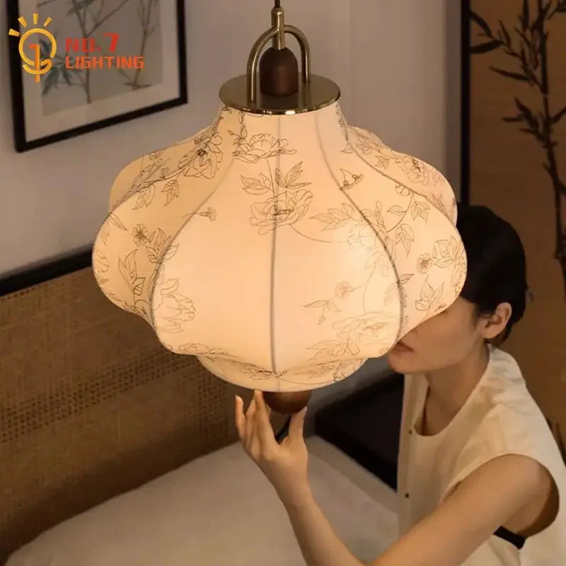 Retro wabi-sabi cream fabric pendant lights – bedroom lantern lamp