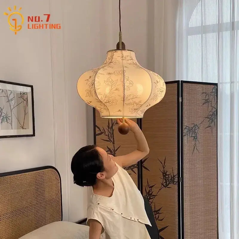 Retro wabi-sabi cream fabric pendant lights – bedroom lantern lamp