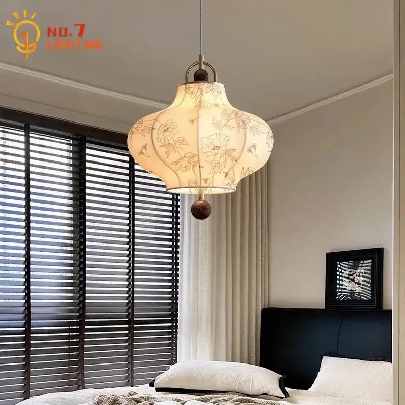 Retro wabi-sabi cream fabric pendant lights – bedroom lantern lamp
