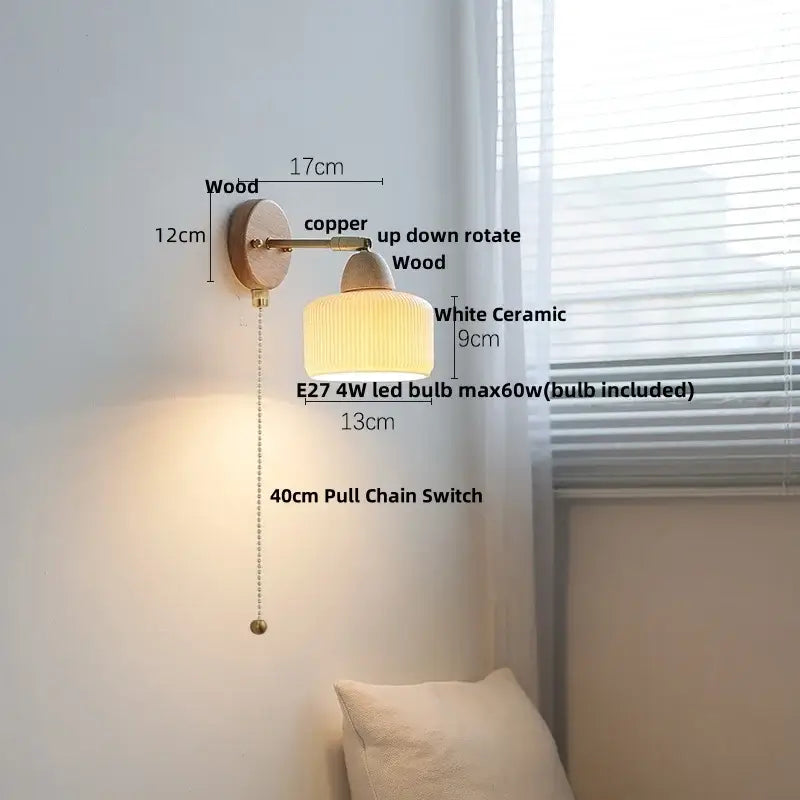 Ribbed ceramic and wood wall sconce light – bedroom wall sconce