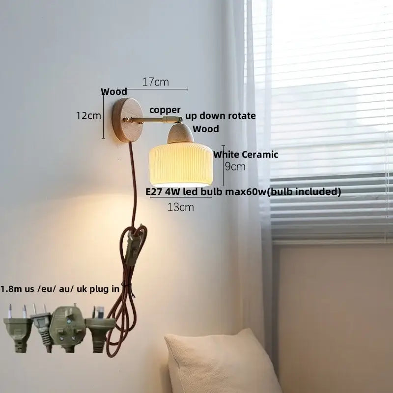 Ribbed ceramic and wood wall sconce light – bedroom wall sconce