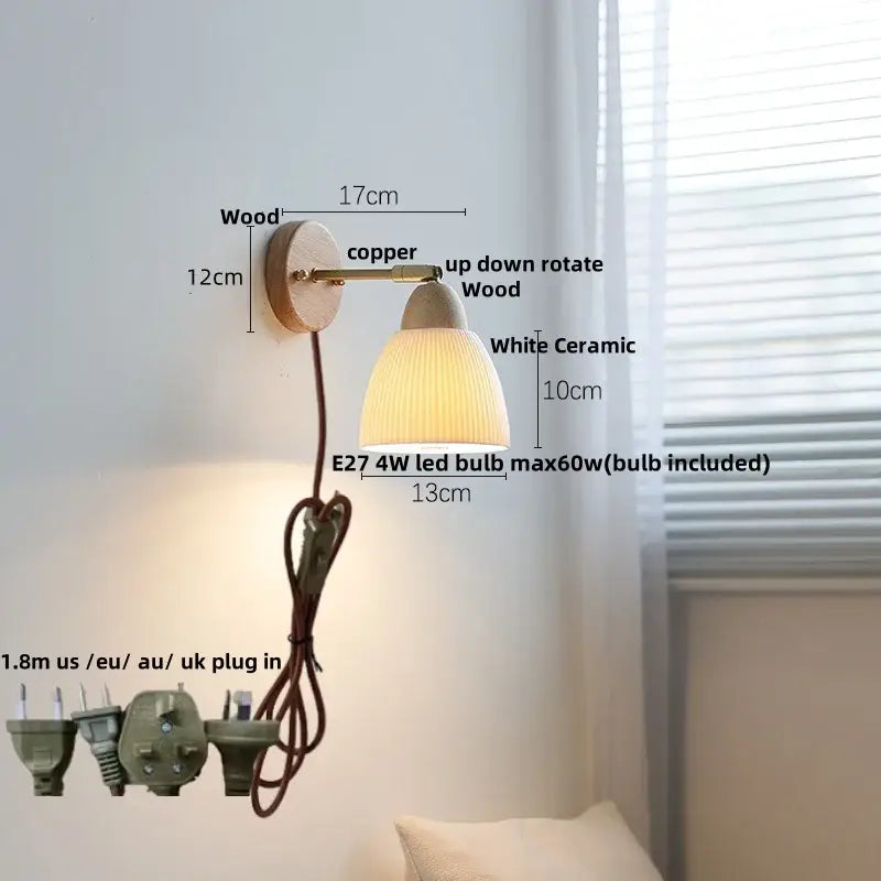 Ribbed ceramic and wood wall sconce light – bedroom wall sconce