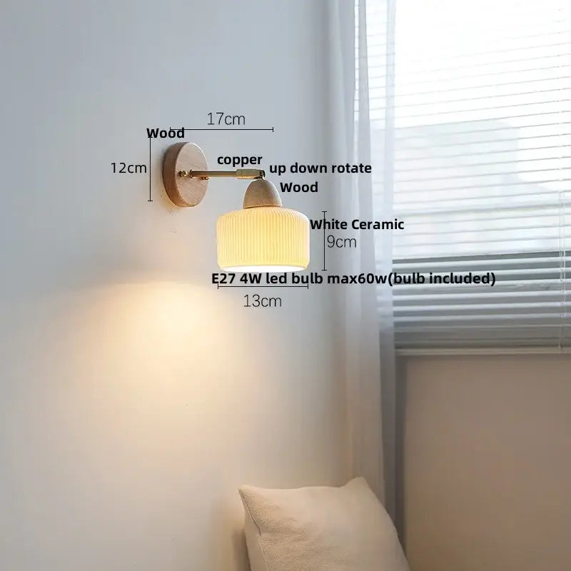 Ribbed ceramic and wood wall sconce light – bedroom wall sconce