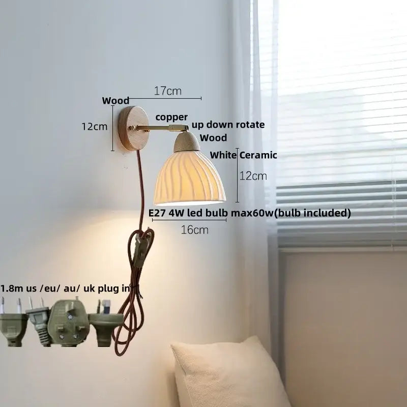 Ribbed ceramic and wood wall sconce light – bedroom wall sconce