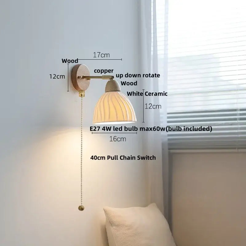 Ribbed ceramic and wood wall sconce light – bedroom wall sconce