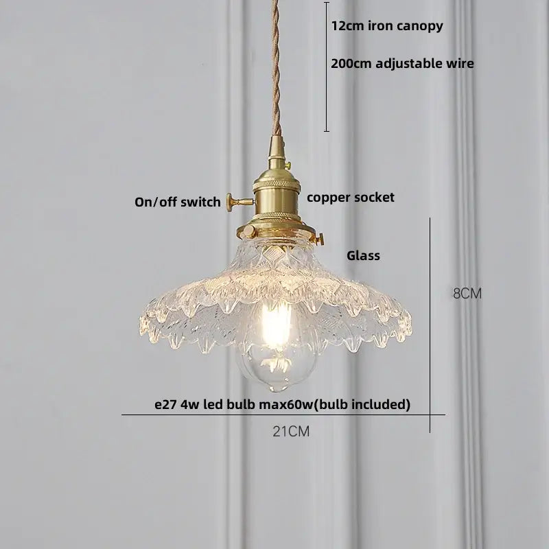 Ribbed clear glass led pendant light brass dining room knob switch