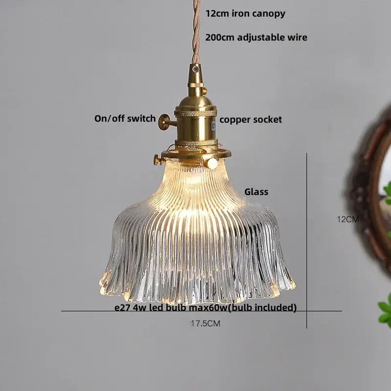 Ribbed clear glass led pendant light brass dining room knob switch