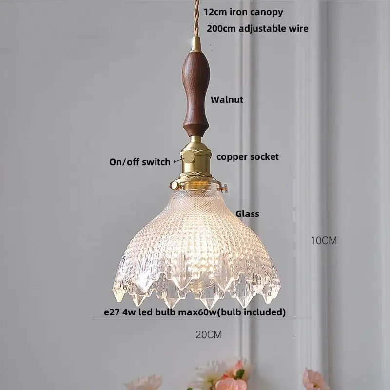 Ribbed clear glass led pendant light brass dining room knob switch