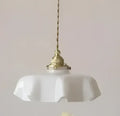 Ribbed cream glass pendant light with wood top for dining room